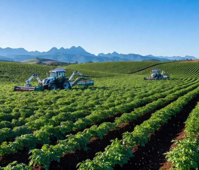 Plantação de batata sustentável no Brasil, representando corte de 40% em emissões na produção.