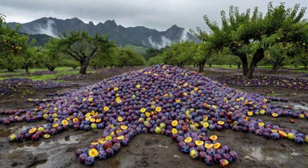 Pilha de ameixas descartadas em plantação de Urubici, Santa Catarina, devido à falta de compradores.