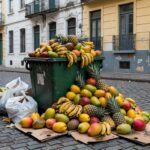 Pilha de alimentos desperdiçados em lixeira urbana no Brasil, representando perda global de US$ 540 bilhões projetada para 2026.