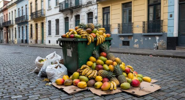 Pilha de alimentos desperdiçados em lixeira urbana no Brasil, representando perda global de US$ 540 bilhões projetada para 2026.
