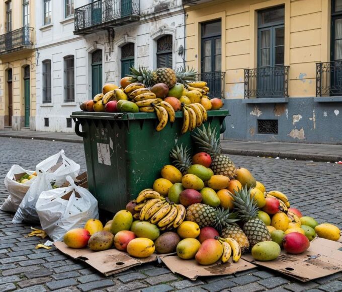 Pilha de alimentos desperdiçados em lixeira urbana no Brasil, representando perda global de US$ 540 bilhões projetada para 2026.