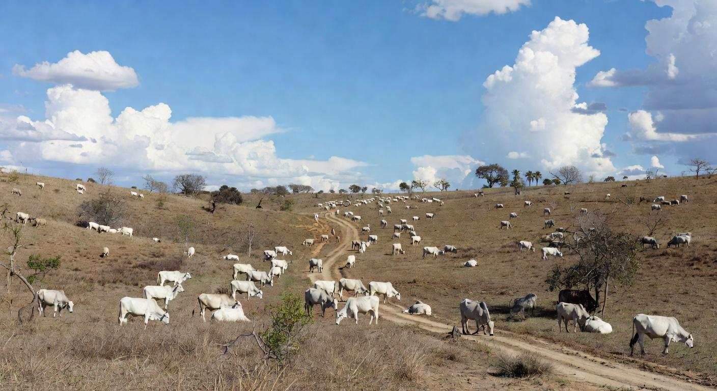 Rebanho de gado em fazenda brasileira, ilustrando preços firmes da carne bovina com entressafra e exportações.