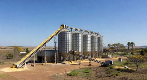 Fábrica de rações no Brasil com silos e grãos, representando crescimento na produção para 2026.