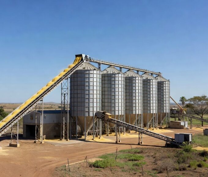 Fábrica de rações no Brasil com silos e grãos, representando crescimento na produção para 2026.