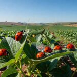 Joaninhas em lavoura de soja no Brasil, promovendo controle biológico sustentável.