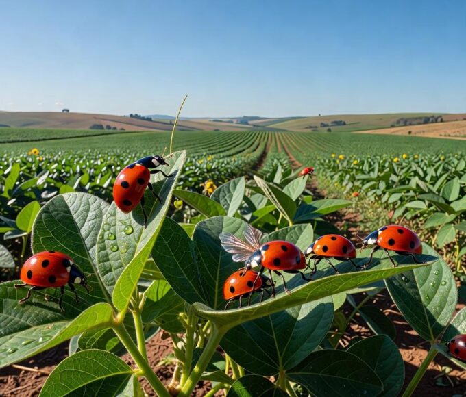 Joaninhas em lavoura de soja no Brasil, promovendo controle biológico sustentável.