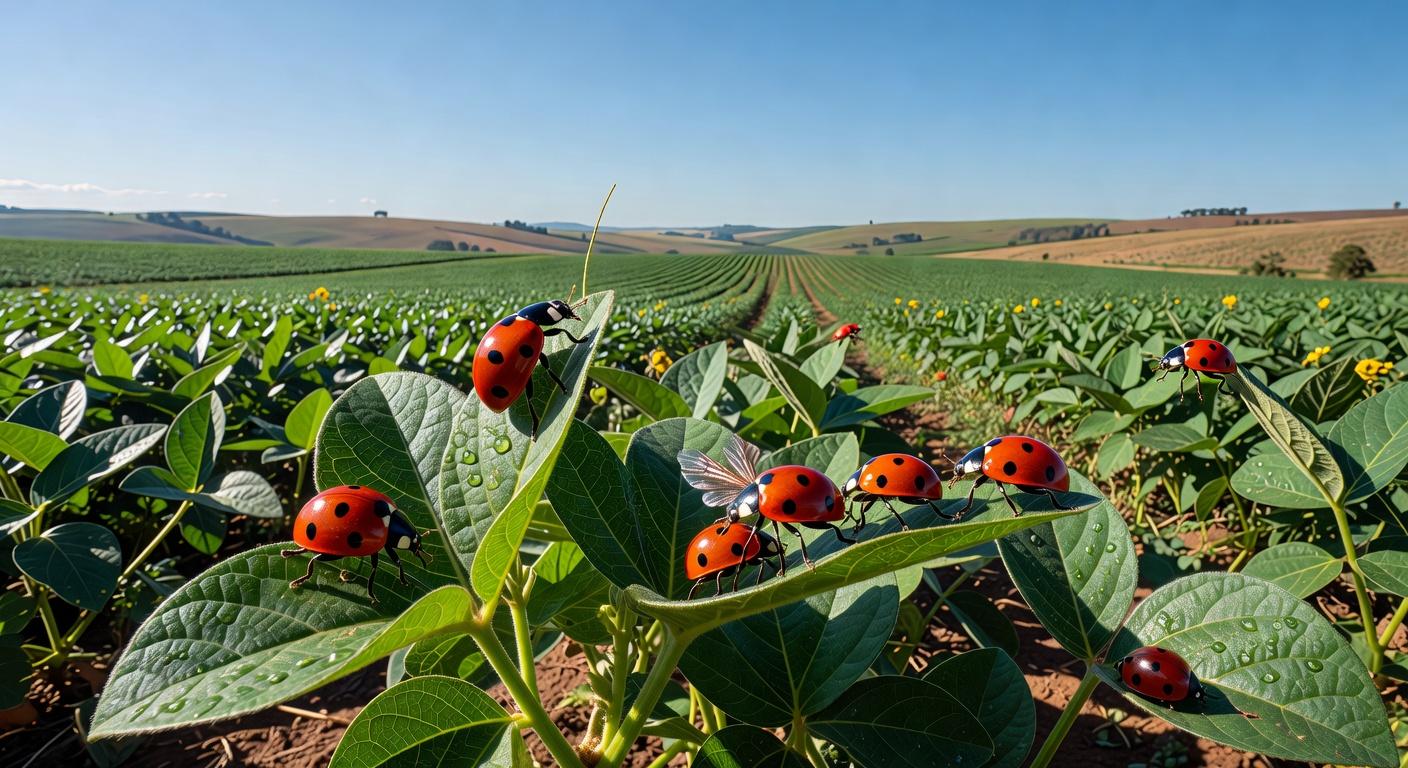 Joaninhas em lavoura de soja no Brasil, promovendo controle biológico sustentável.