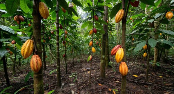 Frutos de cacau na Amazônia brasileira, representando aumento de valor com processamento adequado.
