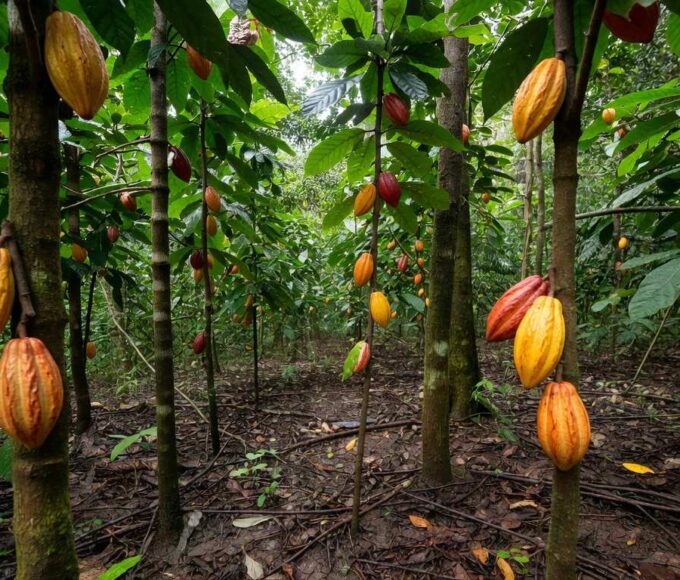 Frutos de cacau na Amazônia brasileira, representando aumento de valor com processamento adequado.