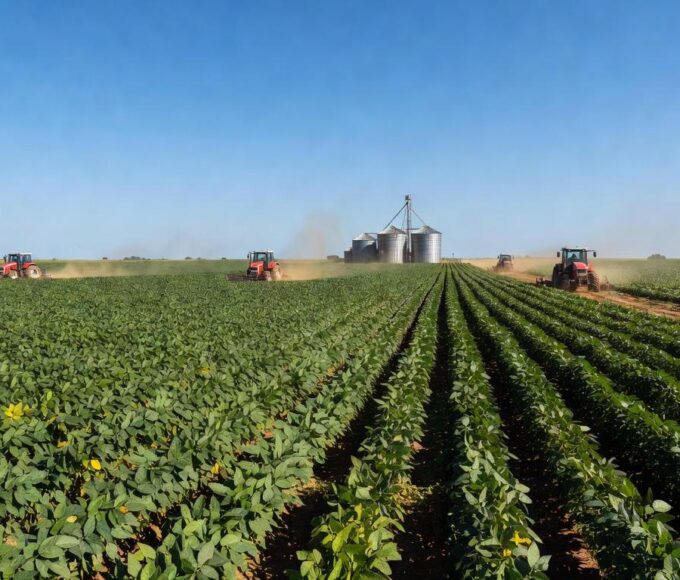 Plantação de soja no Brasil, com campos verdes e silos ao fundo, representando disputa por royalties.