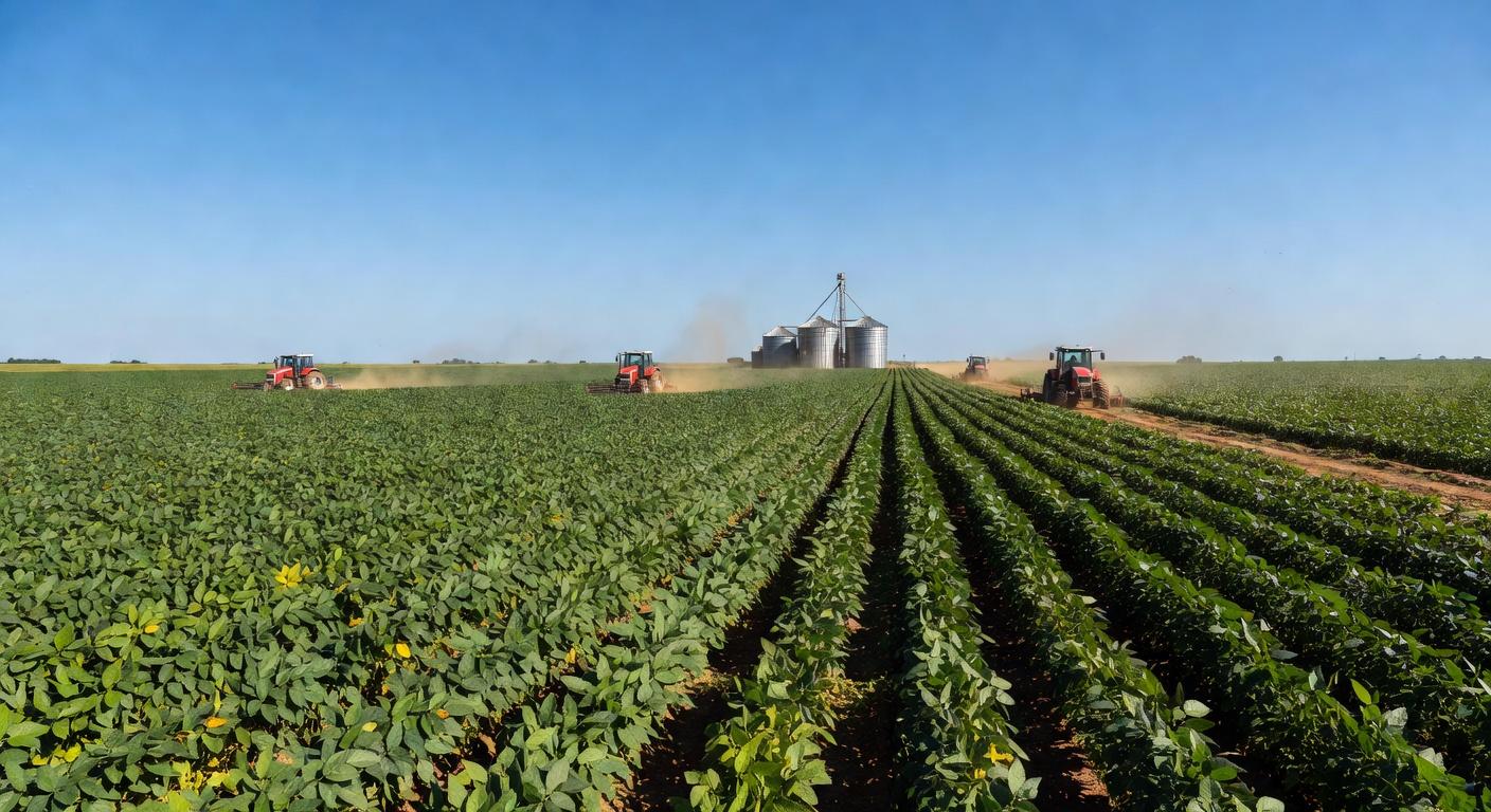 Plantação de soja no Brasil, com campos verdes e silos ao fundo, representando disputa por royalties.