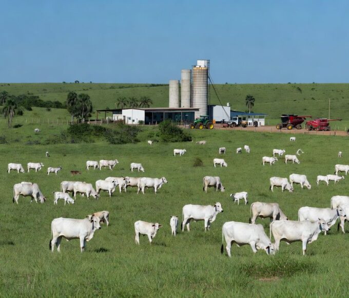 Fazenda de pecuária de corte no Brasil com gado nelore e equipamentos inovadores, representando simulador da Embrapa e Inovatech.